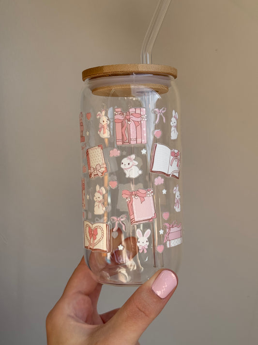 Glass tumbler cute pink bows books