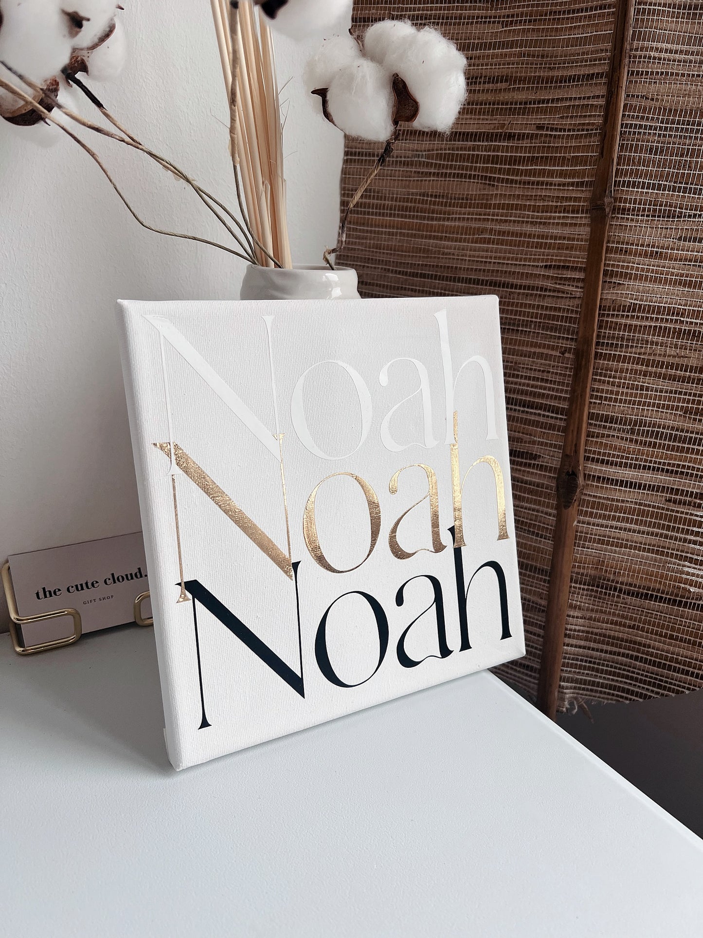 Custom canvas art name white, gold and black