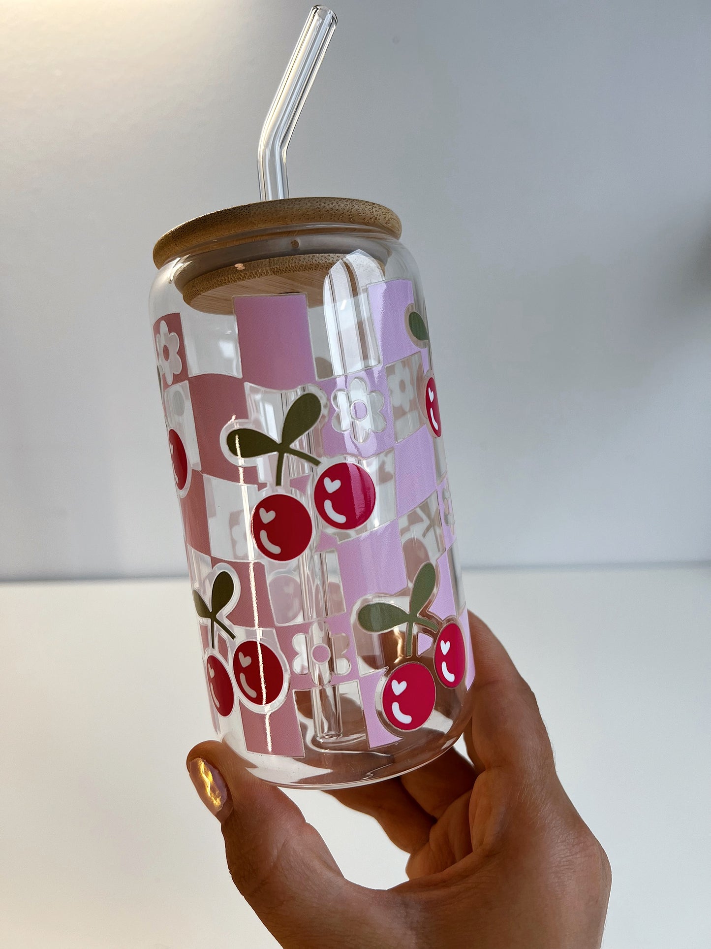 Glass Tumbler Cherries and pink squares